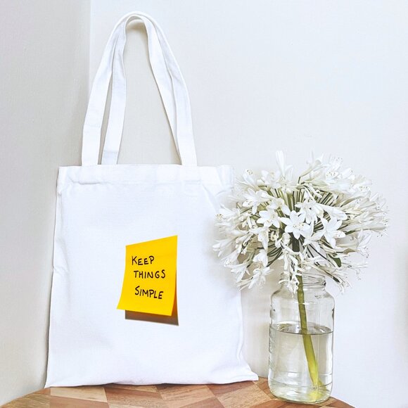 KEEP THINGS SIMPLE Tote Bag, White Reusable Tote Bags 12x14inch, Large Foldable - Picture 2 of 2